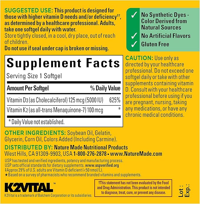 Nature Made Vitamin D3 K2 Supplement, 5000 IU (125 mcg) Vitamin D for Bone, Teeth, Muscle and Immune Support, 30 D3 and K2 Softgels, 30 Day Supply