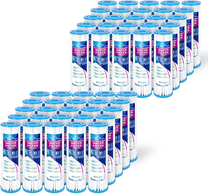 Pleated Sediment Water Filter Cartridge 9.87”x 2.5” Amplified Surface Area, Removes Sand, Dirt, Rust, Extended Filter Life WELL-MATCHED with WHKF-WHPL, 801-50, WB-50W, WFPFC3002, SPC-25-1050 (50 Pack)