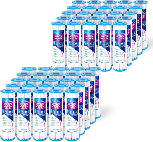 Pleated Sediment Water Filter Cartridge 9.87”x 2.5” Amplified Surface Area, Removes Sand, Dirt, Rust, Extended Filter Life WELL-MATCHED with WHKF-WHPL, 801-50, WB-50W, WFPFC3002, SPC-25-1050 (50 Pack)