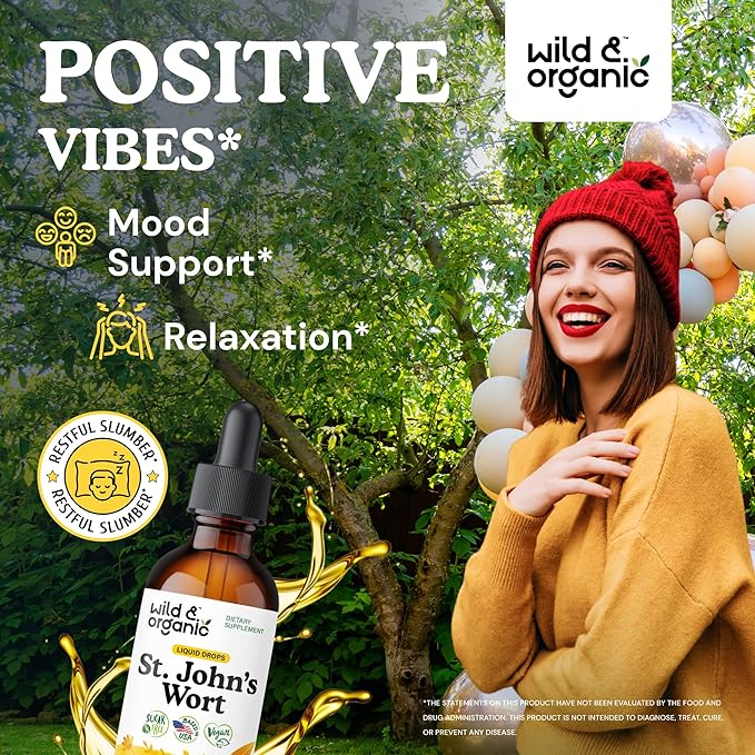 Wild & Organic St Johns Wort Tincture - Mood Support - Relaxing St. John's Wort Supplement - Liquid Hypericum Perforatum Herb Drops - Vegan, Sugar & Alcohol-Free - 2 fl oz