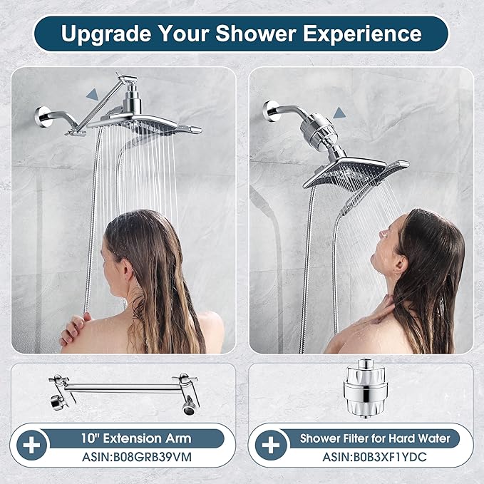 BRIGHT SHOWERS High Pressure Dual Shower Head Combo, Handheld Showerhead Rainfall Shower Head Set with Black Face, 60 Inch Long Stainless Steel Shower Hose, Chrome
