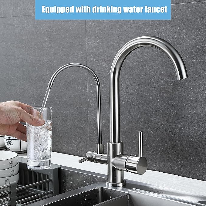 Faucet KF001, Brushed Nickel, Kitchen, Single Hole, Ceramic Plate Valve, 2 Handles, Solid Brass, 3 in 1 Water Filter Purifier