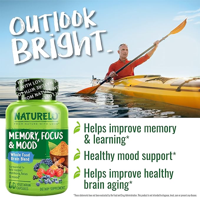 NATURELO Whole Food Brain Supplement - Brain Health Supplements for Memory & Focus Support - Enhance Brain Health Blend Supplement for Adults - 60 Vegetarian Capsules (Pack of 2)