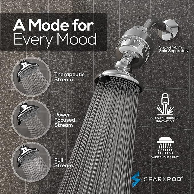 SparkPod 23-Stage Filtered Shower Head with 3 Spray Settings - High Pressure Shower Head with Filters for Dry Hair and Skin - Showerhead with Filter Reduces Chlorine & Heavy Metals (Polished Chrome)