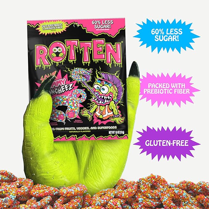 Rotten Sour Gummy Cruncheez - Low Sugar, Low Calorie, 5g Gut-Friendly Prebiotic Fiber, Gluten Free Candy, No Artificial Dyes - 1.8 oz - 8-Pack