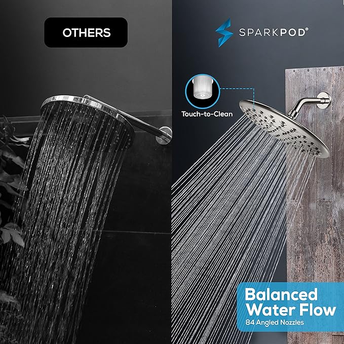 SparkPod 9.5 Inch Large Rain Shower Head - Luxury Rainfall Shower Head - High Pressure Showerhead, Full Body Coverage with Anti-Clog Silicone Nozzles -No Hassle, Easy Install (1/2 NPT, Brushed Nickel)