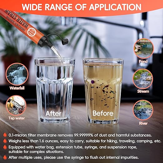 Water Filter Straw, Personal Water Filtration System, Water Purifier, Outdoor Emergency Survival Gear and Equipment for Hiking Camping Accessories Travel Fishing Emergency Preparedness (8PCS)