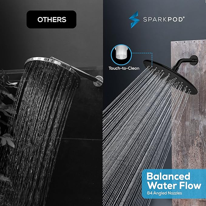 SparkPod 9.5 Inch Large Rain Shower Head - Luxury Rainfall Shower Head - High Pressure Showerhead, Full Body Coverage with Anti-Clog Silicone Nozzles - No Hassle, Easy Install (1/2 NPT, Black Matte)