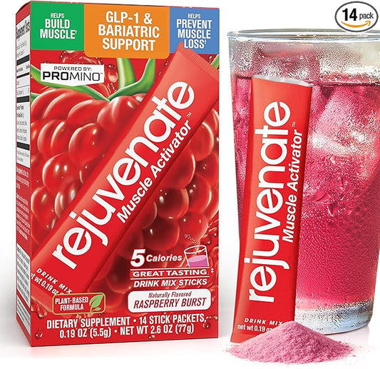 Rejuvenate – 1 Stick Delivers 25g of Whey Protein Equivalency for Muscle Growth & Energy – Essential Amino Blend (EAA + BCAA), GLP-1 & Bariatric Approved, Raspberry Burst, 14 Count