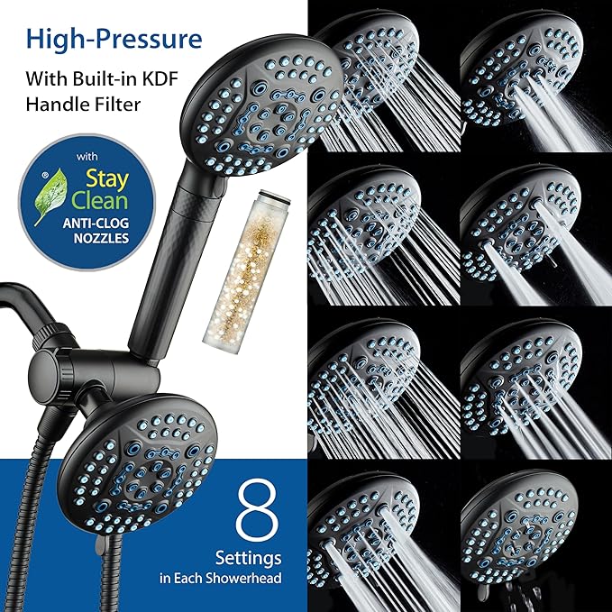 AquaCare High Pressure 6-way Dual Shower Head Combo with Built-in Filter & Power Wash - Clean Tub, Tile & Pets. Remove Chlorine, Lead & Toxins from Water to Protect Skin, Hair, & Nails. Matte Black
