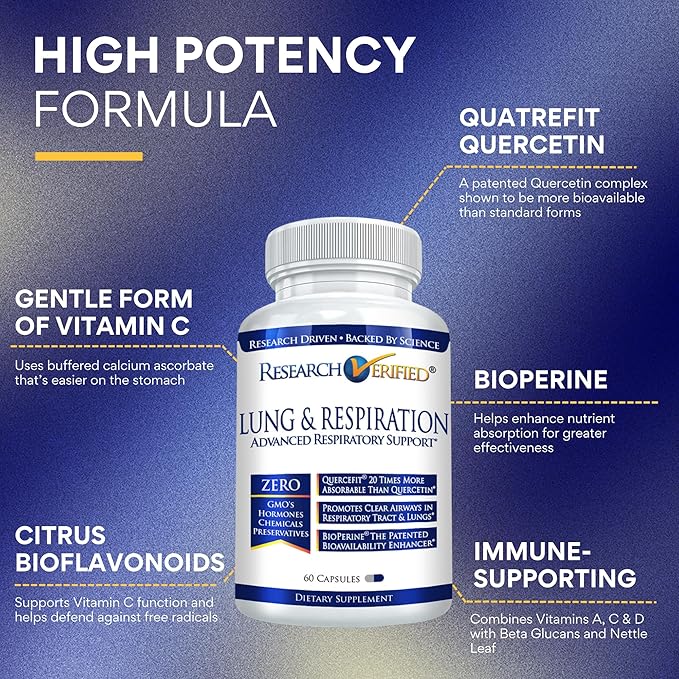 Research Verified Lung and Respiration - Seasonal Allergy and Sinus Support - Vitamin A, C & D, Quercetin, Nettle Leaf Extract - 60 Capsules - Made in The USA
