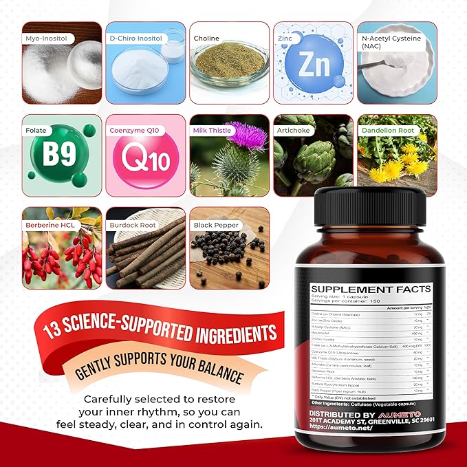 Myo-Inositol + D-Chiro Inositol – 150 Capsules – with Folate, NAC, Berberine, CoQ10, and Detox Blend – Support Hormonal Balance & Metabolic Wellness – Non-GMO, Gluten-Free