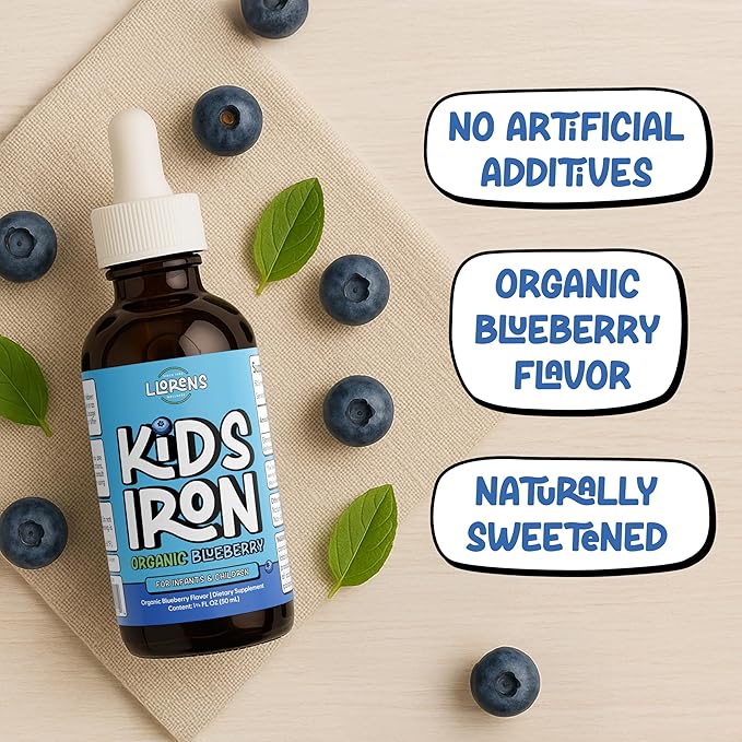 Kids Iron Supplement – Organic Blueberry Flavor – Iron Drops for Infants & Children – Sugar Free, Vegan, Gluten Free, No Artificial Flavors (1.7 oz, Organic Blueberry)