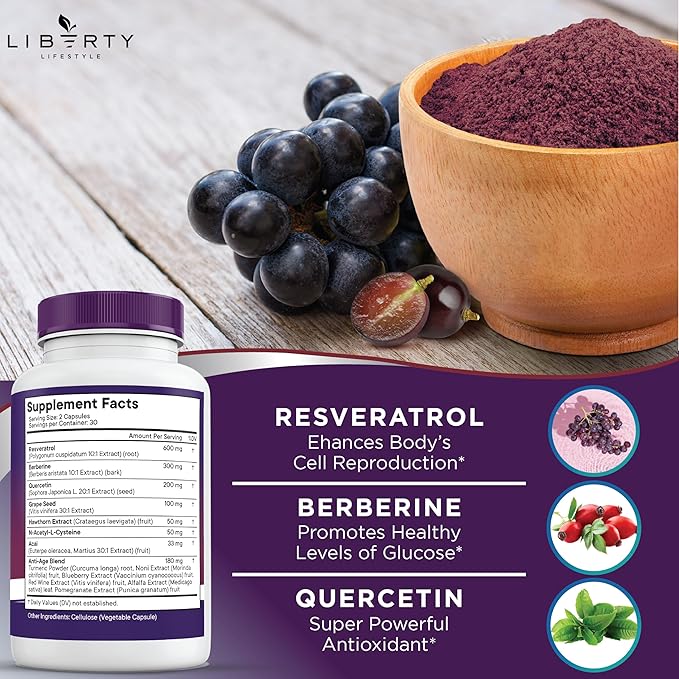 Resveratrol, Berberine, Grape Seed Extract, Quercetin, Polyphenol Supplement for Women and Men with Noni Extract, N-Acetyl Cysteine, Acai Extract (60 Count)