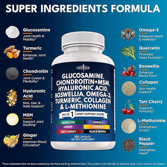 Glucosamine Chondroitin, MSM, Turmeric Curcumin, Collagen, Hyaluronic Acid, Omega 3 – Health Supplement for Men & Women – 360 Count