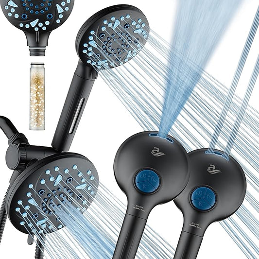 AquaCare High Pressure 6-way Dual Shower Head Combo with Built-in Filter & Power Wash - Clean Tub, Tile & Pets. Remove Chlorine, Lead & Toxins from Water to Protect Skin, Hair, & Nails. Matte Black