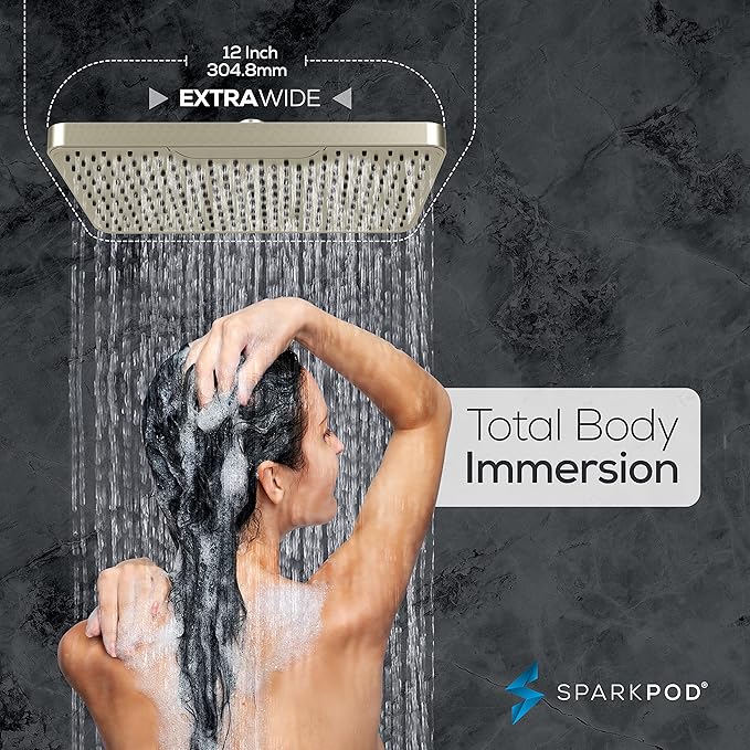 SparkPod 12 Inch Rectangle Rain Shower Head - Ceiling or Wall Mount Rainfall Shower Head - Large Coverage Showerhead - Brass Ball Joint with 360° Adjustment - 1-Min Install (Elegant Brushed Nickel)