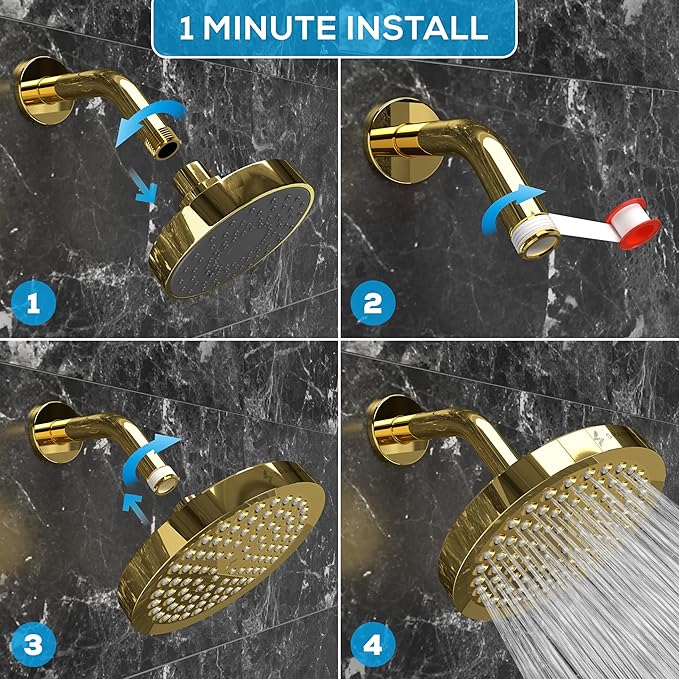 SparkPod Shower Head - High Pressure Rain - Premium Quality Luxury Design - 1-Min Install - Easy Clean Adjustable Replacement for Your Bathroom Shower Heads (Egyptian Gold, 6 Inch Round)