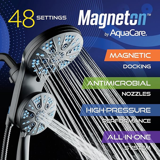 AquaCare Magneton High-Pressure 48-mode Luxury 3-way Combo System with Magnetic Guidance Docking, Giant Rain & Handheld Shower Head, Hygienic Jets and 6 ft. Stainless Steel Hose, Matte Black Finish
