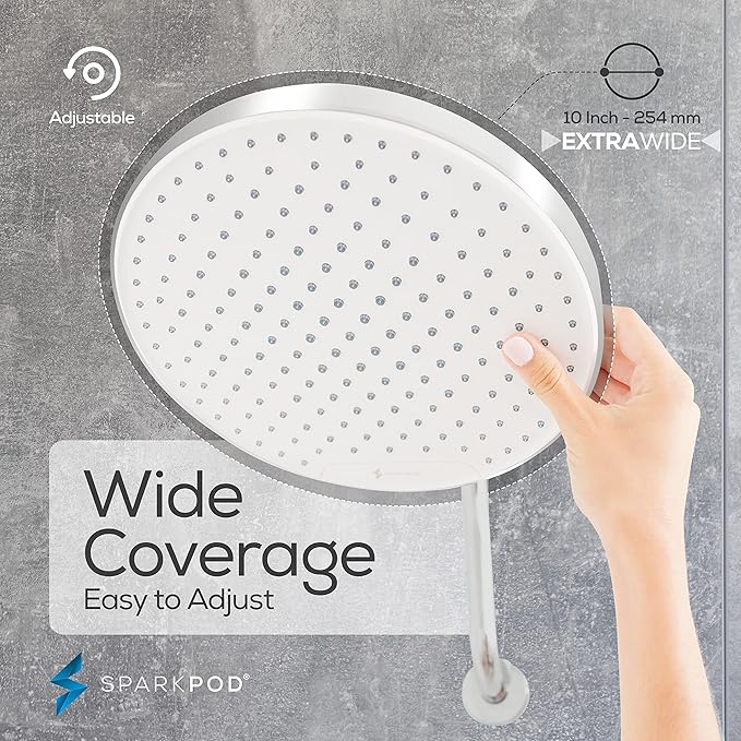SparkPod 10 Inch Round Rain Shower Head - Ceiling or Wall Mount Rainfall Shower Head - Large Coverage Showerhead - Brass Ball Joint with 360° Adjustment - 1-Min Install (Chrome and White)