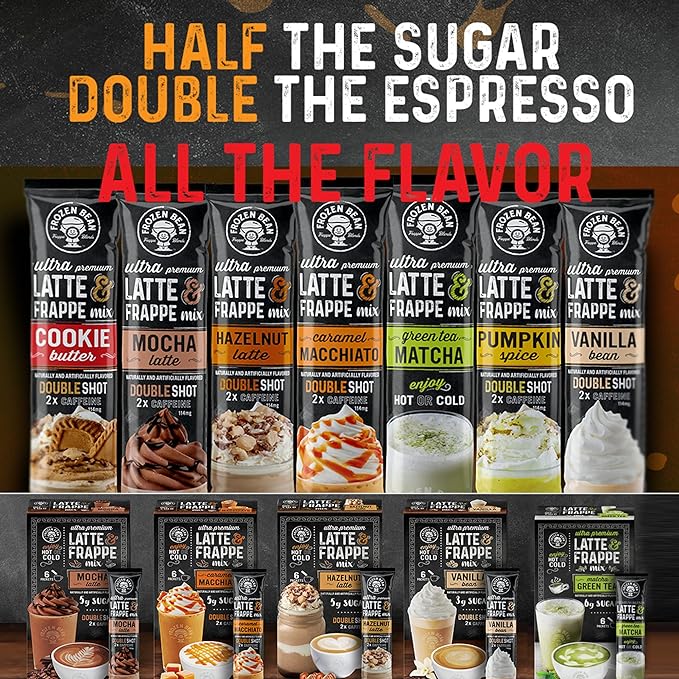The Frozen Bean - Hazelnut Frappe & Latte Instant Mix with Arabica Coffee, Double Caffiene, Low Sugar - for Hot, Iced, or Frappuccino-Style Blended Drinks - (20) 0.53oz Single Serve Sticks