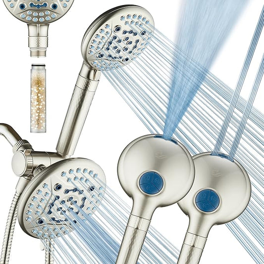 AquaCare High Pressure 6-way Dual Shower Head Combo with Built-in Filter & Power Wash - Clean Tub, Tile & Pets. Remove Chlorine, Lead & Toxins from Water to Protect Skin, Hair, & Nails. Nickel Finish