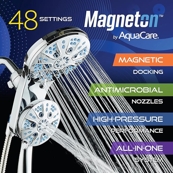 AquaCare Magneton High-Pressure 48-mode Luxury 3-way Combo System with Magnetic Guidance Docking, Giant Rain & Handheld Shower Head, Hygienic Jets and 6 ft. Stainless Steel Hose, All Chrome Finish