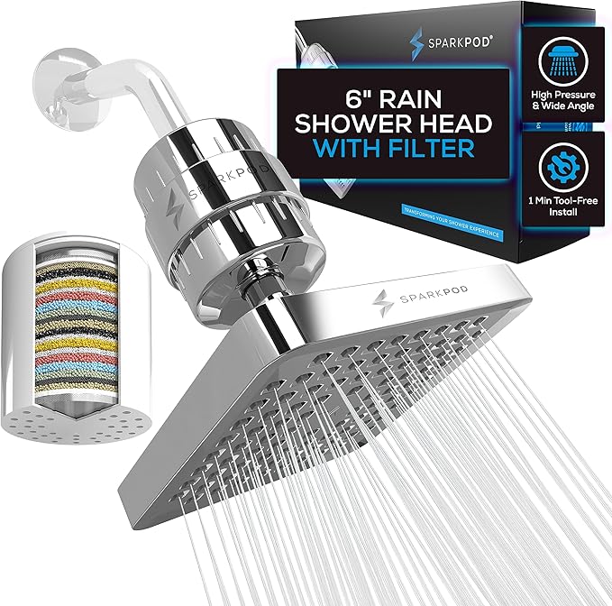 SparkPod Luxury Filtered Shower Head Set 23 Stage Shower Filter - Reduces Chlorine and Heavy Metals - High Pressure Showerhead Filter (6" Square, Luxury Polished Chrome)
