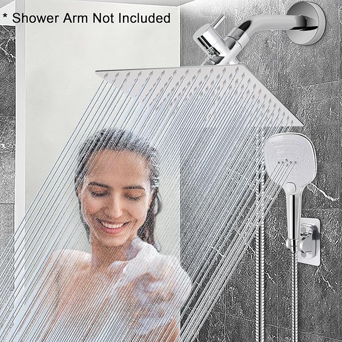 NearMoon Shower Head with Hose, High Pressure Stainless Steel Rain Shower and 3 Settings Handheld Spray Combo with Push Button Flow Control (12 Inch, Chrome Finish)