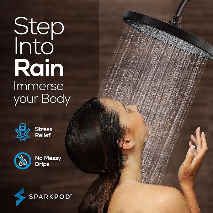 SparkPod 10 Inch Round Rain Shower Head - Ceiling or Wall Mount Rainfall Shower Head - Large Coverage Showerhead - Brass Ball Joint with 360° Adjustment - 1-Min Install (Vintage Oil Rubbed Bronze)