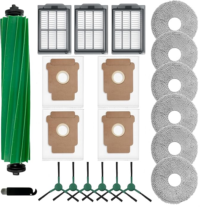 Replacement Parts Compatible with iRobot Roomba Plus 405 Combo/ 505 Combo Robot Vacuum, 1 Rubber Brush 6 Mop Cloth 4 Dust Bag 3 Filter 6 Side Brushes