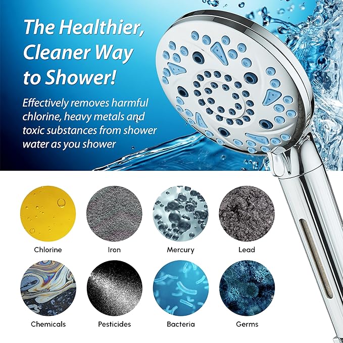 AquaCare High Pressure 6-way Dual Shower Head Combo with Built-in Filter & Power Wash - Clean Tub, Tile & Pets. Remove Chlorine, Lead & Toxins from Water to Protect Skin, Hair, & Nails. Chrome Finish