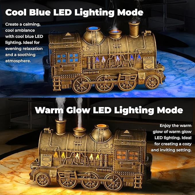 OMEO Gold Small Train Aromatherapy Humidifier & Essential Oil Diffuser - Dual Mist, Quiet Ultrasonic, 300ML Tank, Remote Control, LED Light, Air Purifier for Home, Office, and Bedroom Use