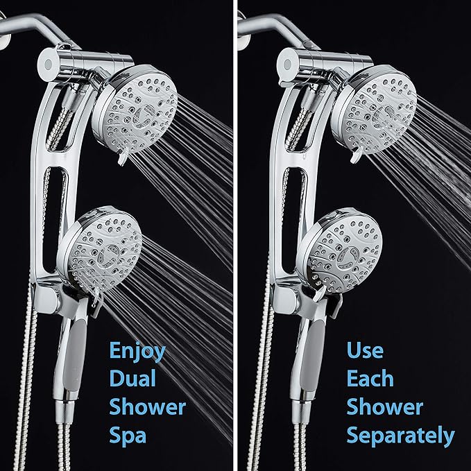 High Pressure 48-mode Luxury 3-way Combo with Adjustable Extension Arm – Dual Rain & Handheld Shower Head – Extra Long 6 Foot Stainless Steel Hose – All Chrome Finish – Top US Brand