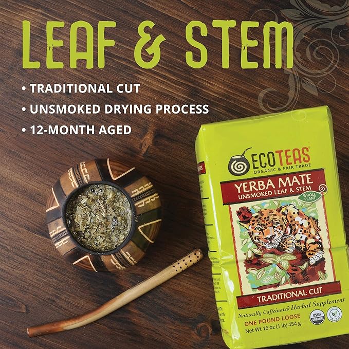 ECOTEAS Organic Yerba Mate Loose Leaf Tea – Unsmoked Detox Herbal Tea for Natural Energy – Coffee Alternative - Kosher, Non-GMO, Gluten-Free - Traditional Cut, 1 lb (Pack of 1)