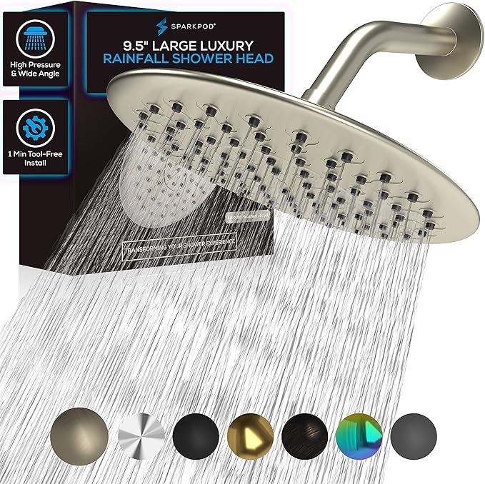 SparkPod 9.5 Inch Large Rain Shower Head - Luxury Rainfall Shower Head - High Pressure Showerhead, Full Body Coverage with Anti-Clog Silicone Nozzles -No Hassle, Easy Install (1/2 NPT, Brushed Nickel)