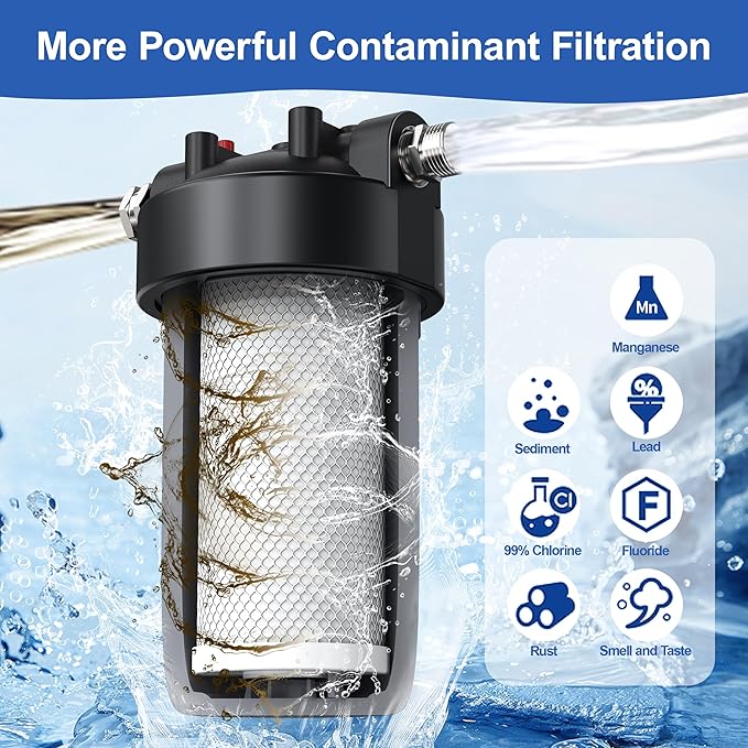 6-Layer RV Water Filter with Stand and 0.5 Micron Filtration, 3/4" GHT Metal Threads Garden Hose Water Filter, Reduces Sediments, Chlorine, VOCs, Heavy Metals, Bad Taste, Odor, and More