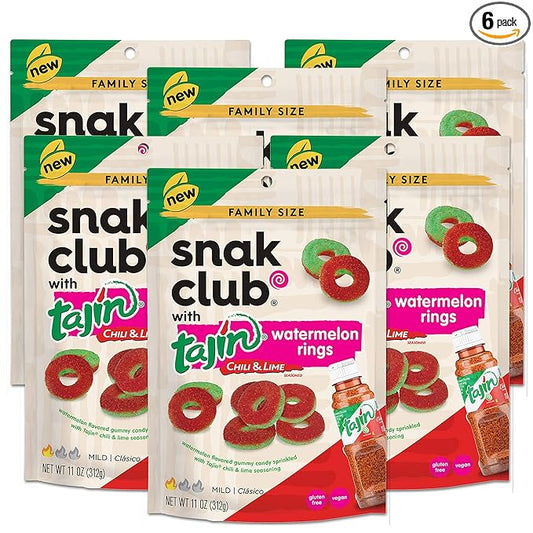 Snak Club Tajin Watermelon Rings, Chili & Lime Sweet Spicy Gummy Snacks, Mild in Heat Bold in Flavor, Gluten-Free Snack, 11oz Resealable Bag (Pack of 6)