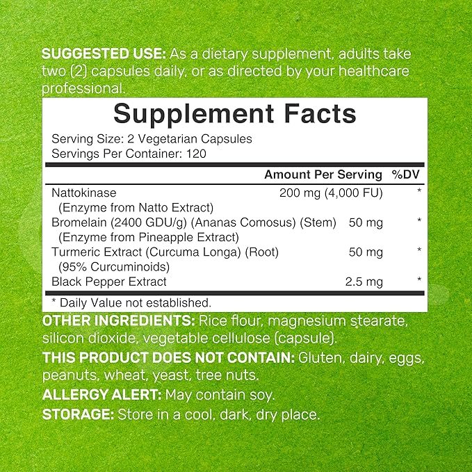 Nattokinase Supplement 4,000 FU Per Serving, 240 Veggie Capsules – Japanese Natto with Bromelain, Turmeric Curcumin & Black Pepper Complex – Digestive Enzymes & Heart Health – Non-GMO, Vegan