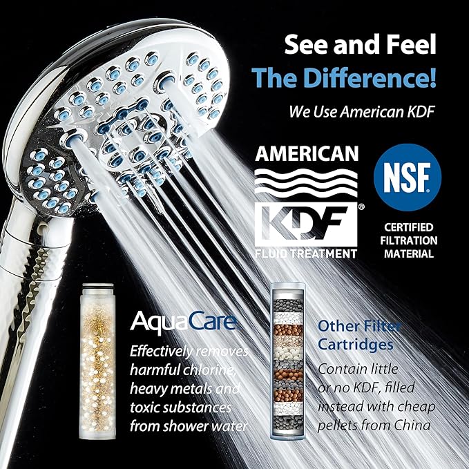 AquaCare High Pressure 6-way Dual Shower Head Combo with Built-in Filter & Power Wash - Clean Tub, Tile & Pets. Remove Chlorine, Lead & Toxins from Water to Protect Skin, Hair, & Nails. Chrome Finish