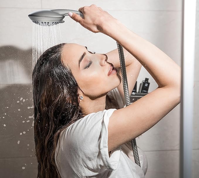 G-Promise High Pressure Shower Head 6 Spray Setting with Adjustable Solid Brass Shower Arm Mount and Extra Long Flexible Stainless Steel Hose (Brushed Nickel)