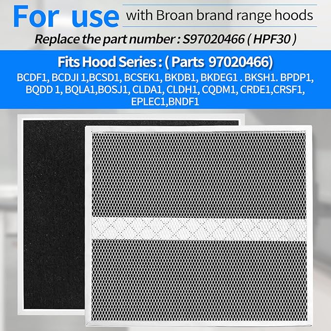 2024 Upgrade S97020466 HPF30 Replacement Charcoal Filter Compatible with Broan-NuTone Non-Ducted Range Hood Grease Filters Type XC 12.9" x 14.8" x 0.1" (Pack 2 with Clips)