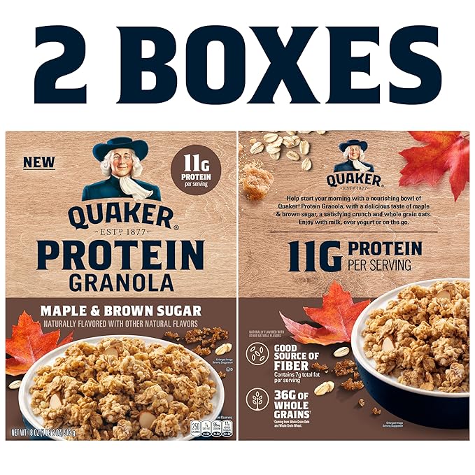 Quaker Protein Granola Breakfast Cereal, Maple Brown Sugar, 18oz Boxes (2 Pack)