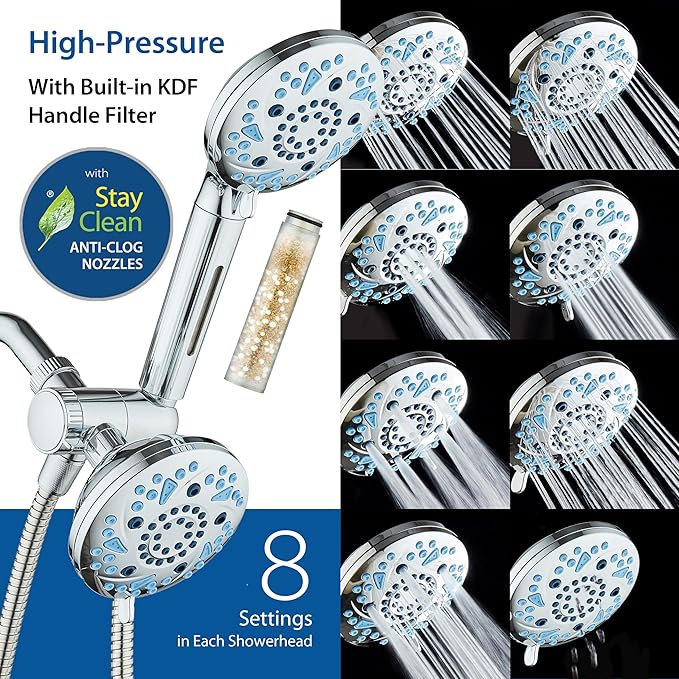 AquaCare High Pressure 6-way Dual Shower Head Combo with Built-in Filter & Power Wash - Clean Tub, Tile & Pets. Remove Chlorine, Lead & Toxins from Water to Protect Skin, Hair, & Nails. Chrome Finish