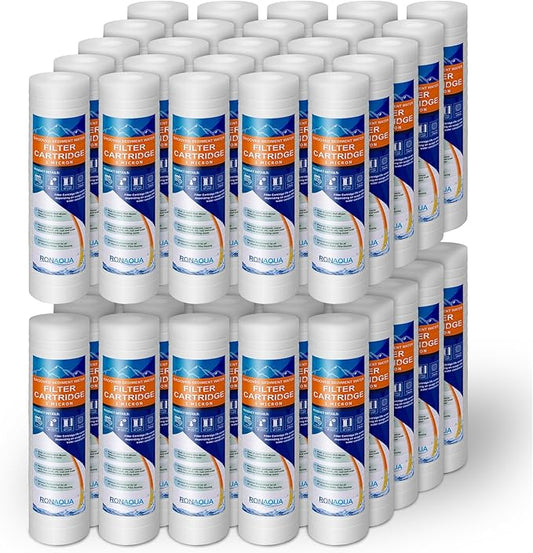 Grooved Sediment Water Filter Cartridge by Ronaqua 10"x 2.5", Four Layers of Filtration, Removes Sand, Dirt, Silt, Rust, made from Polypropylene (40 Pack, 1 Micron)
