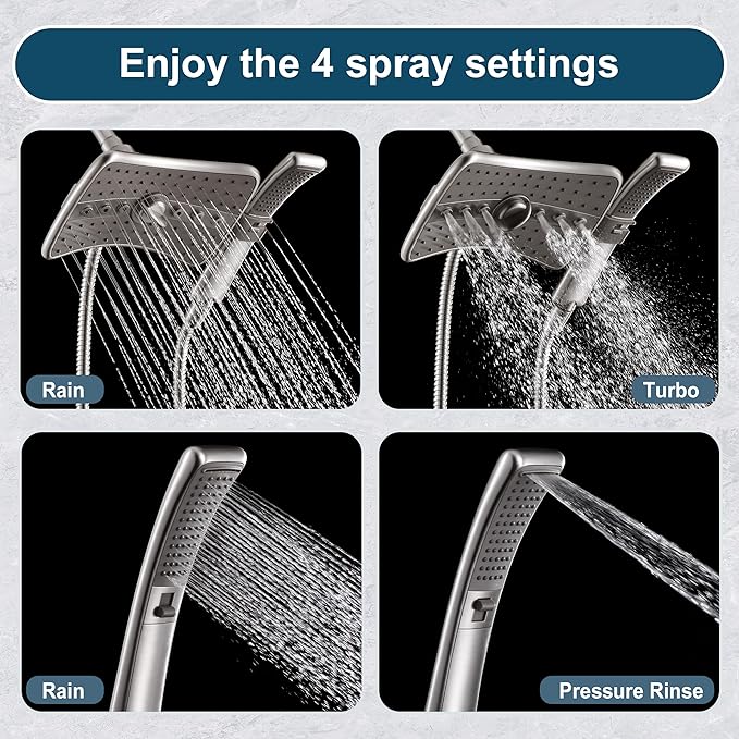 BRIGHT SHOWERS High Pressure Shower Head Combo with Two Spray Setting Fixed Shower Head and Two Spray Settings Handheld Shower Head with Grey Face, Brushed Nickel