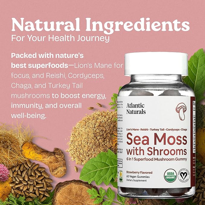 Atlantic Naturals Sea Moss with Mushrooms - Mushroom Gummies Supplement - Organic Superfood with Irish Moss, Lion's Mane, Reishi, Cordyceps, Chaga & Turkey Tail - Focus, Energy, Immune Health - 60 ct