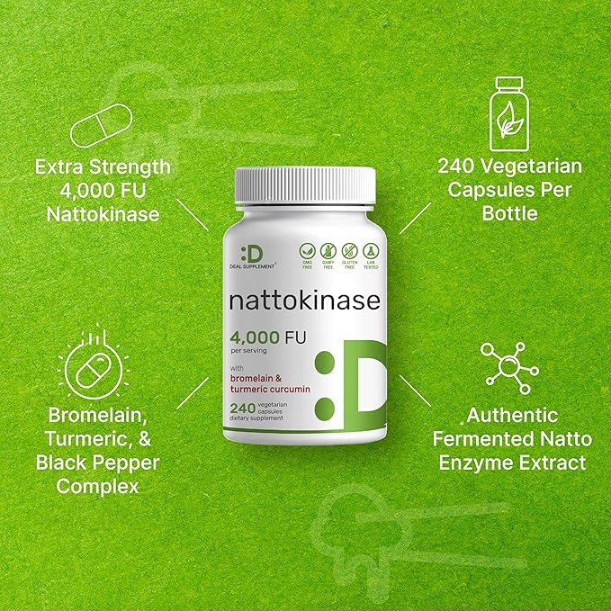 Nattokinase Supplement 4,000 FU Per Serving, 240 Veggie Capsules – Japanese Natto with Bromelain, Turmeric Curcumin & Black Pepper Complex – Digestive Enzymes & Heart Health – Non-GMO, Vegan