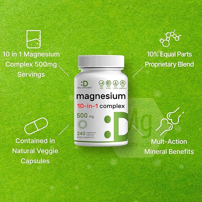 Magnesium Complex 500mg, 480 Veggie Capsules | 10-in-1 Glycinate, Citrate, Malate, & More | 100% Chelated for Easy Absorption | Essential Mineral Supplement for Muscle, Sleep, & Heart Health
