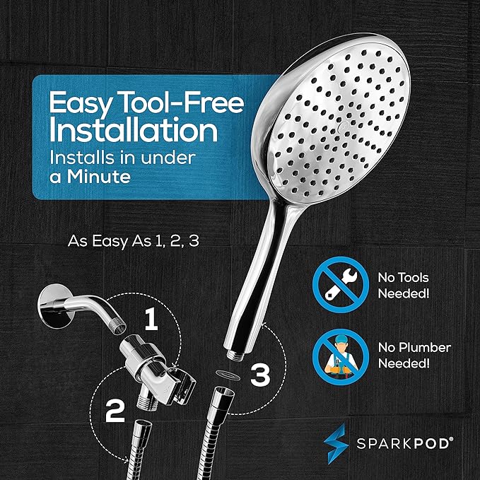 SparkPod High Pressure Handheld Shower Head with Hose- Huge 6-Inch Face- Rain Shower with Extra Long 6 ft. Hose and Premium Adjustable Bracket- Luxury Design -Tool-less 1-Min Installation (Chrome)